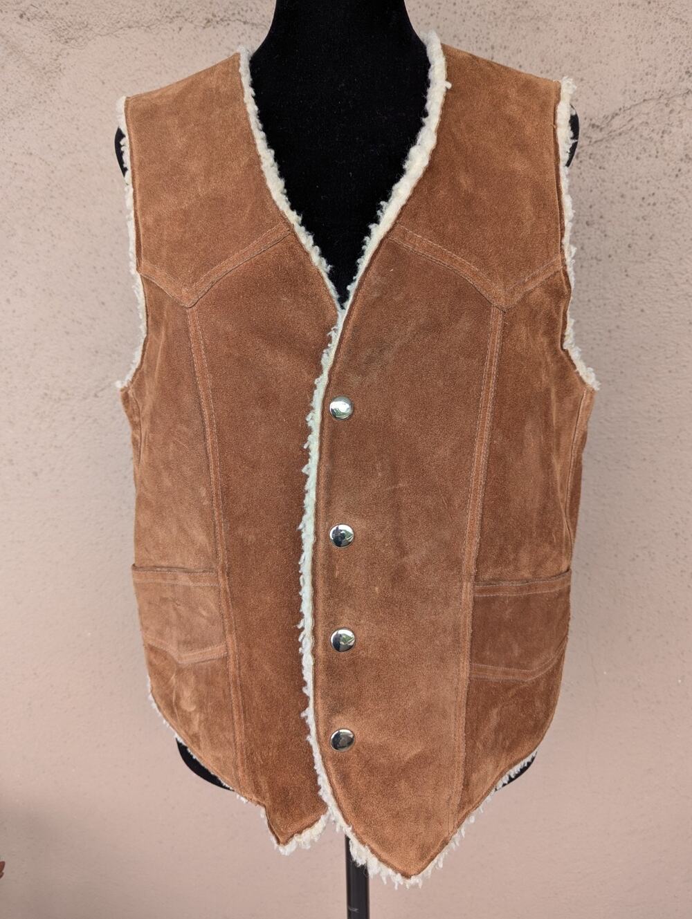 💜Vintage Brown Suede Sherpa Western Vest + Pouch
